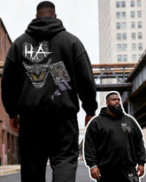 Big & Tall Men's Black Ha Skull Letter Graffiti Print Hoodie Set